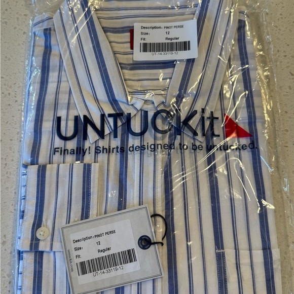 UNTUCKit Pinot Perse Women’s Blue White Striped Button Down Shirt Size 12R NEW - Picture 6 of 10